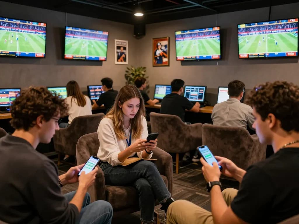 Engaged bettors analyzing kèo nhà cái 5 in a lively sports betting lounge.