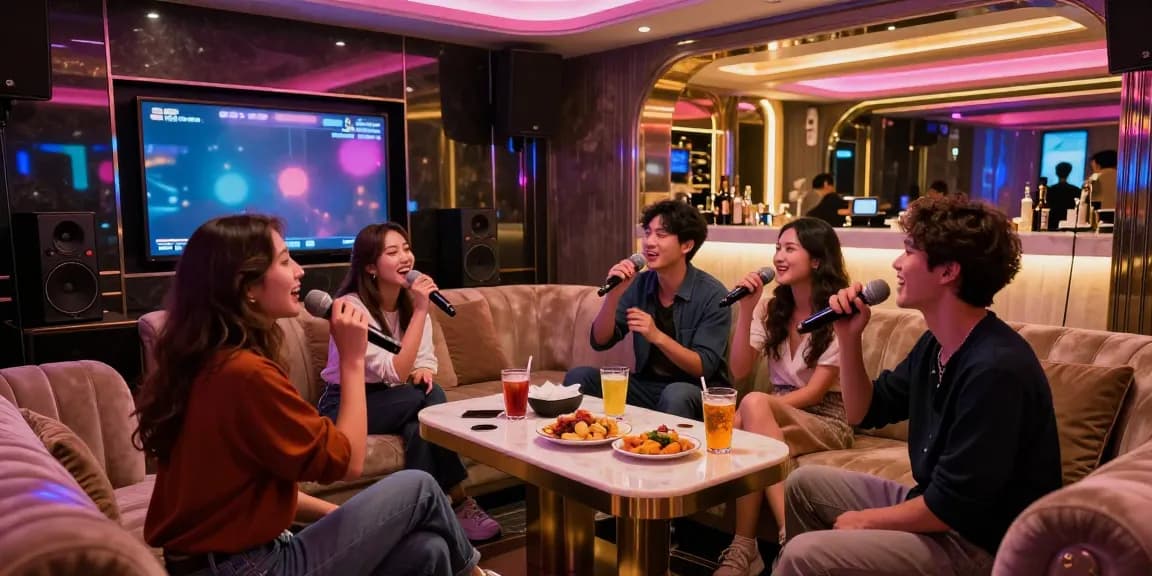 강남가라오케에서 즐기는 고급스러운 프라이빗 룸의 분위기와 친구들과의 노래 즐기기 모습