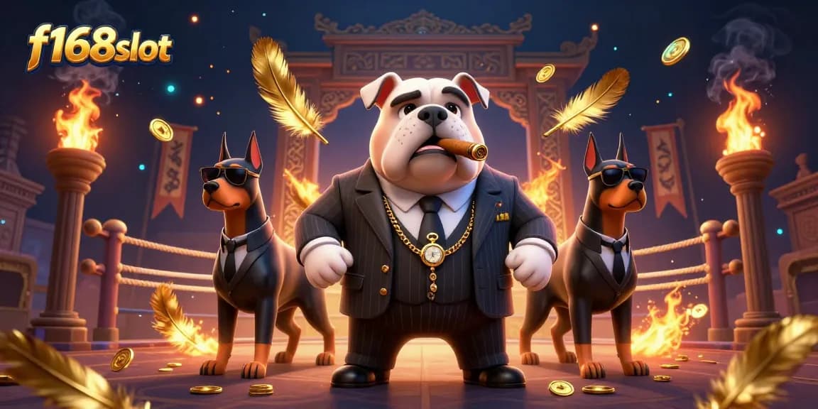 Win big at f168slot with dynamic gameplay, featuring a mafia bulldog and bodyguards amidst gaming elements.