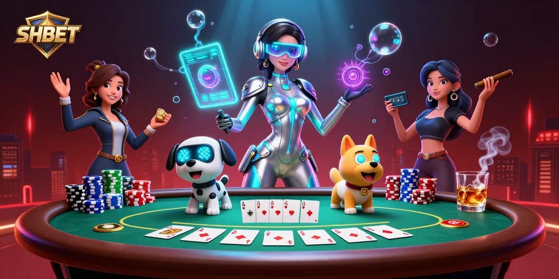 Join SHBET at a vibrant 3D casino featuring immersive poker action and holographic interface elements.