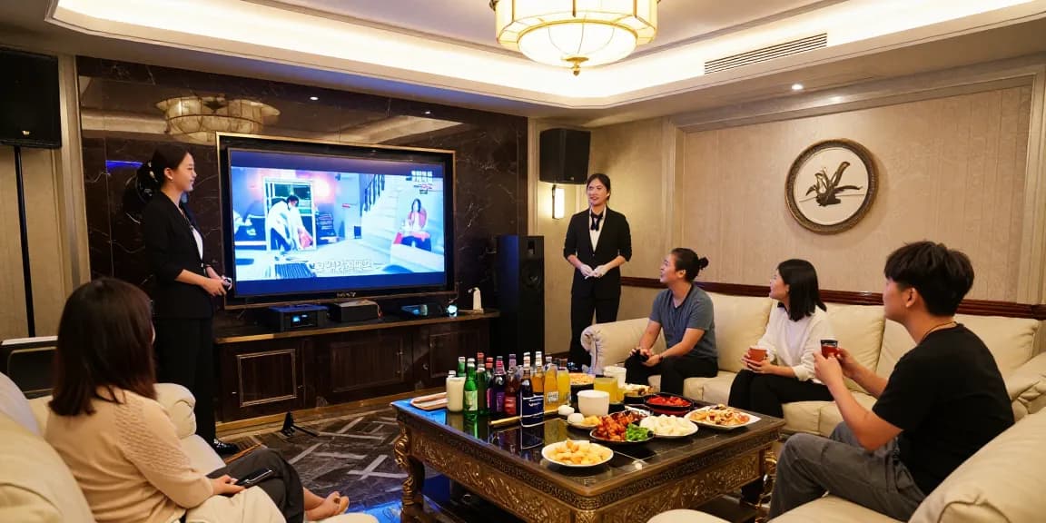 강남쩜오의 고급스러운 노래방 룸에서 전문 스태프가 고객과 소통하는 모습, 쾌적한 오디오 장비와 세련된 음료와 스낵 제공.