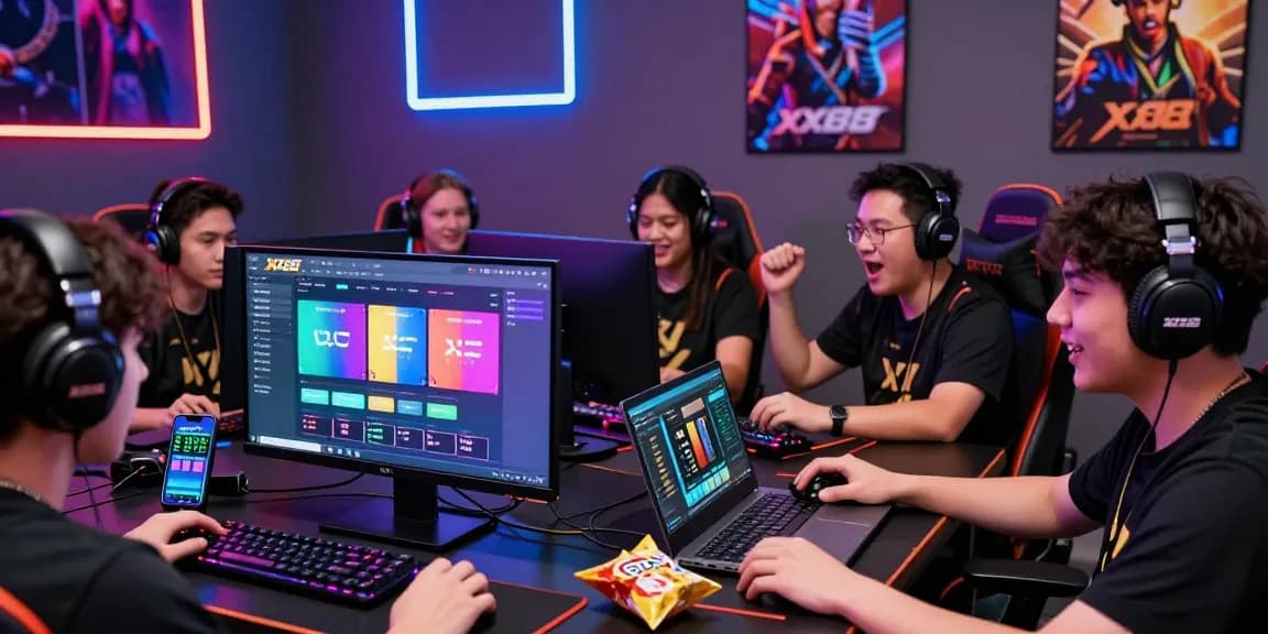 Dynamic gaming scene showcasing players interacting on XX88 gaming platform, devices and energetic environment highlighting online excitement.