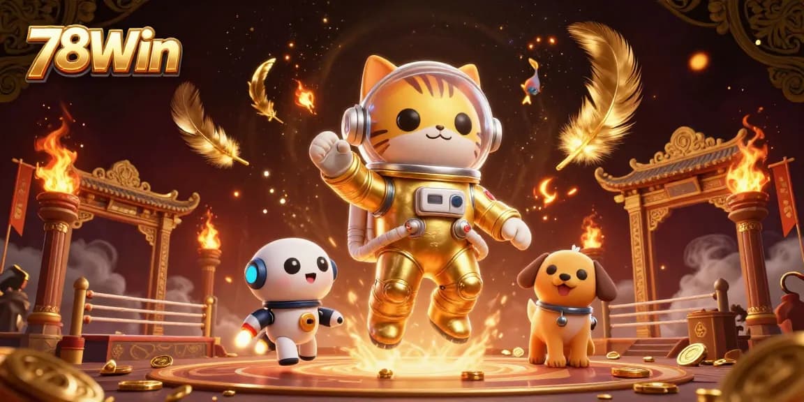 Engage with 78Win's exciting space-themed casino adventure featuring a floating astronaut cat and robot dog.