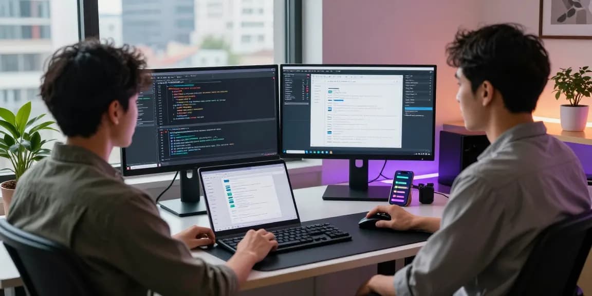 WPS Download in a modern software development workspace with coding interfaces, laptops, and vibrant city view.