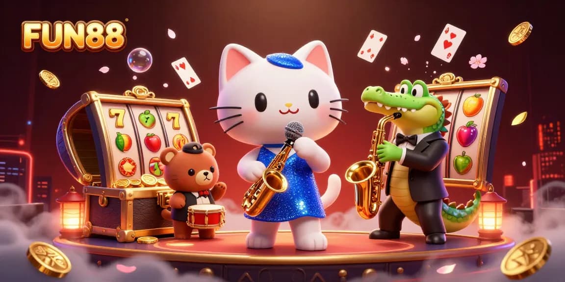 Enjoy thrilling casino fun with FUN88's vibrant characters set among exciting slot machines and gold coins.