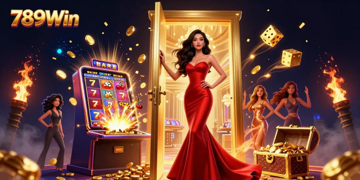 Experience the excitement of 789Win with a vibrant casino scene featuring a beautiful woman and a jackpot explosion.