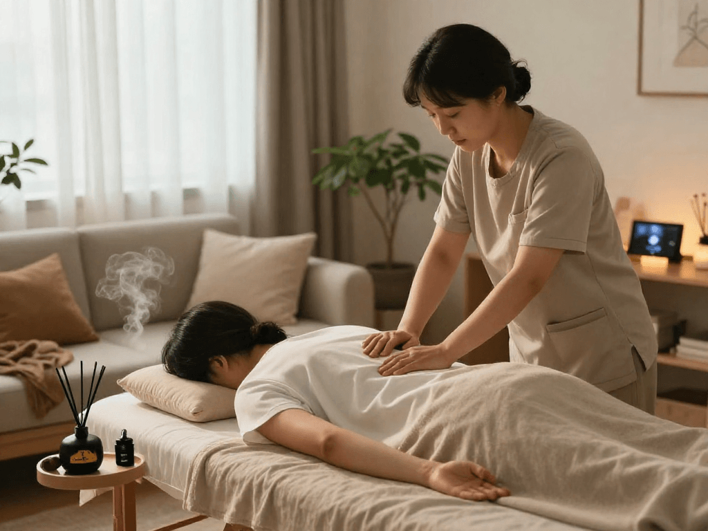 Home setting for 성북구출장마사지, therapist preparing for a relaxing session.