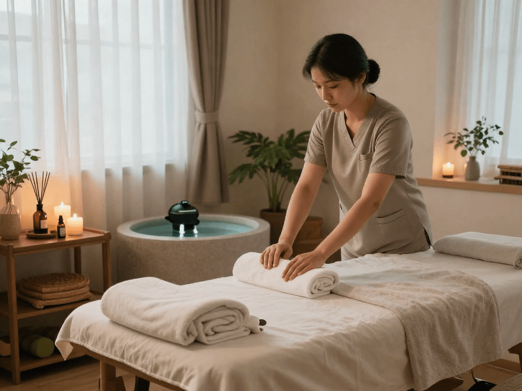 Relaxing 성북구출장마사지 therapy scene in a serene spa treatment room with candles and essential oils.