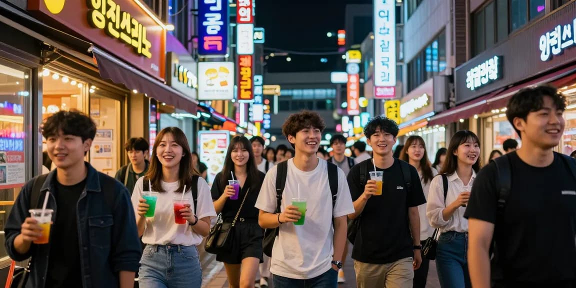 인천쓰리노에서 즐거운 시간을 보내는 사람들, 화려한 야경과 분위기를 나타냅니다.