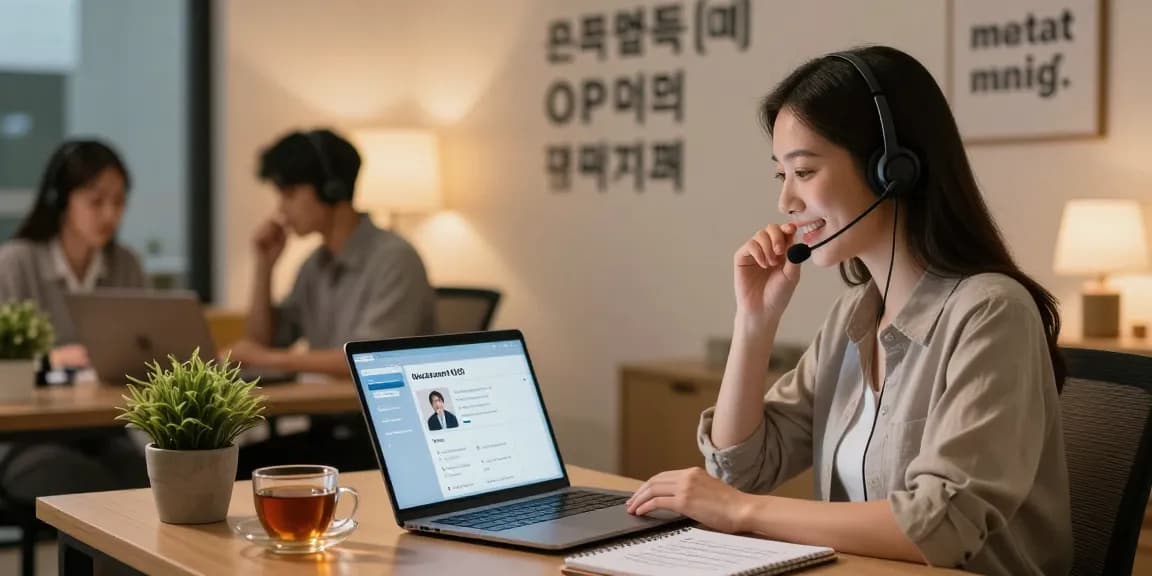 Professional consultant discussing 오피사이트 services in a warm call center environment