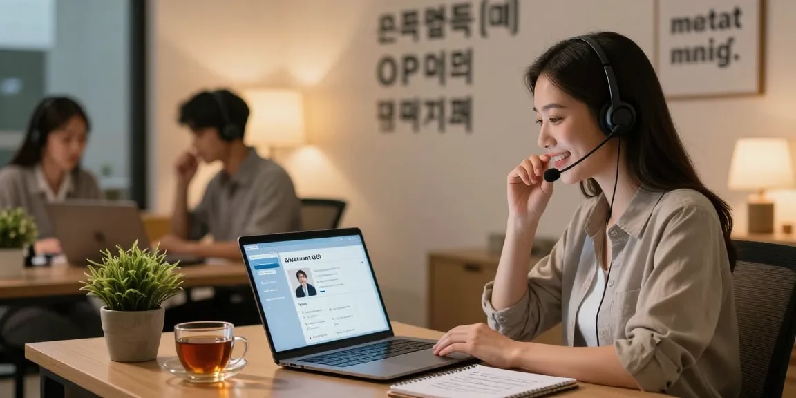 Professional consultant discussing 오피사이트 services in a warm call center environment