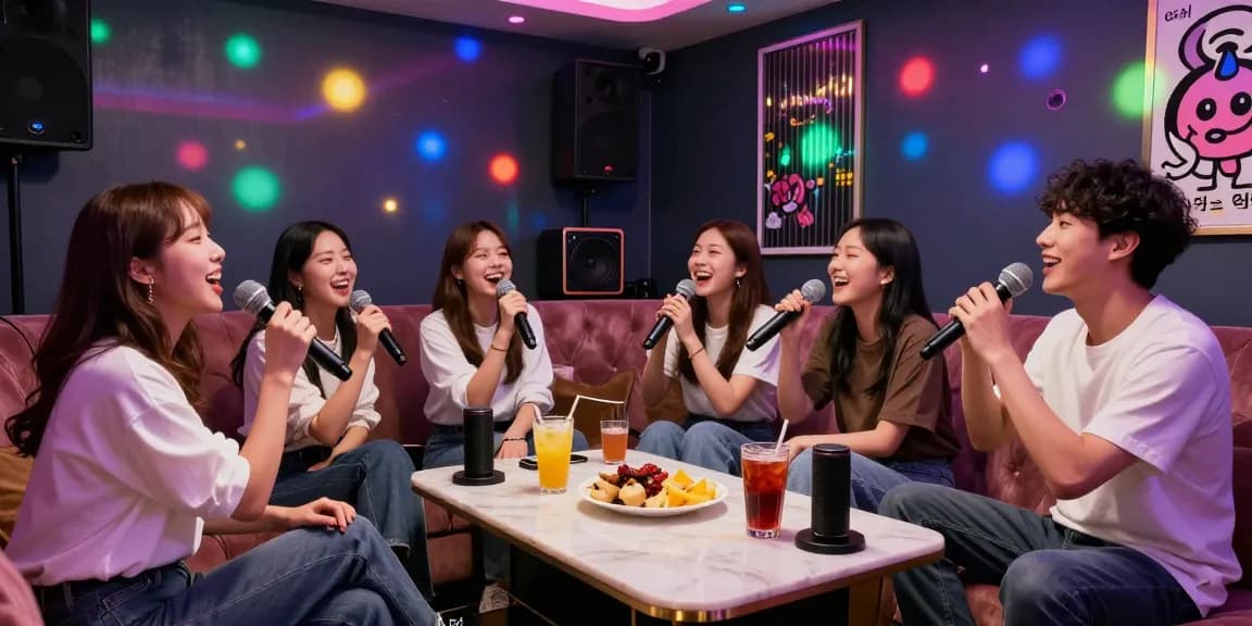 강남가라오케에서 친구들과 함께 노래를 부르며 즐거운 시간을 보내는 모습