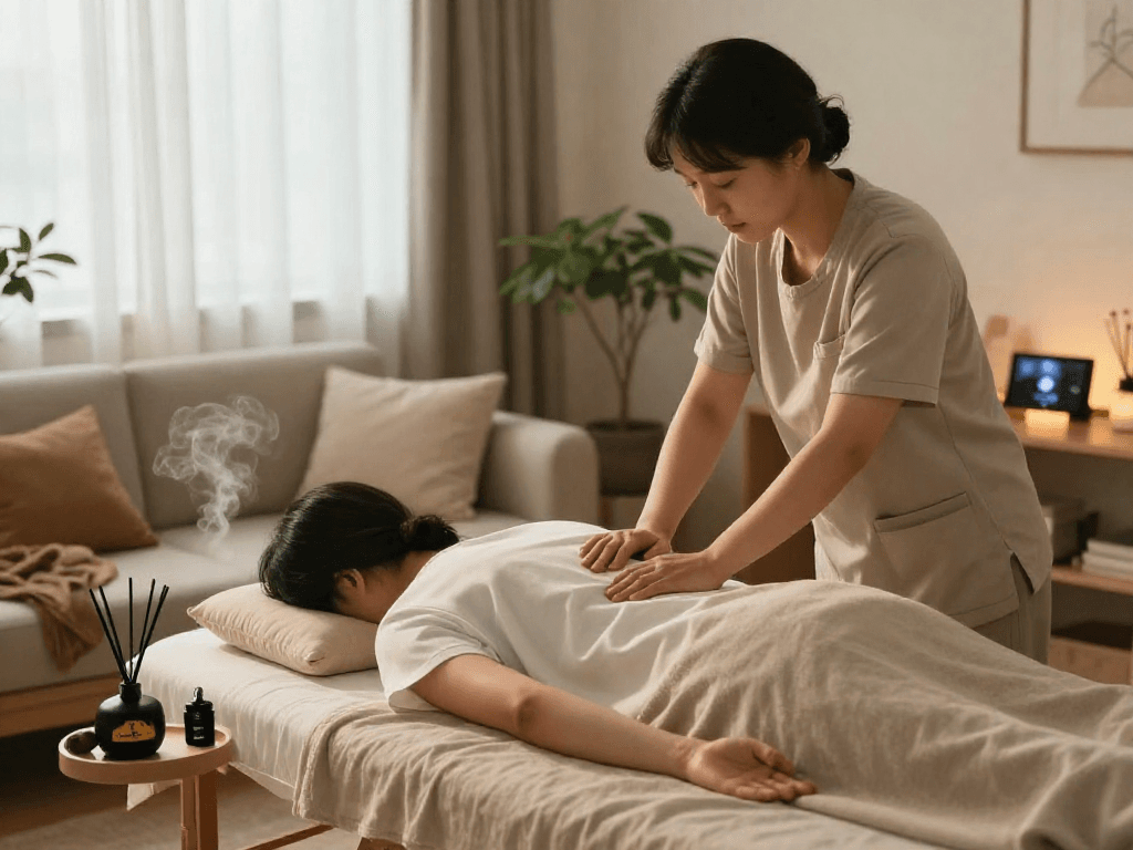 Home setting for 성북구출장마사지, therapist preparing for a relaxing session.