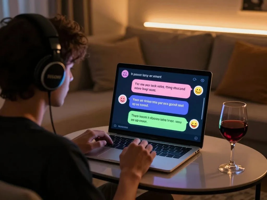 Engaged user enjoying an interactive nsfw chat bot session in a cozy room.