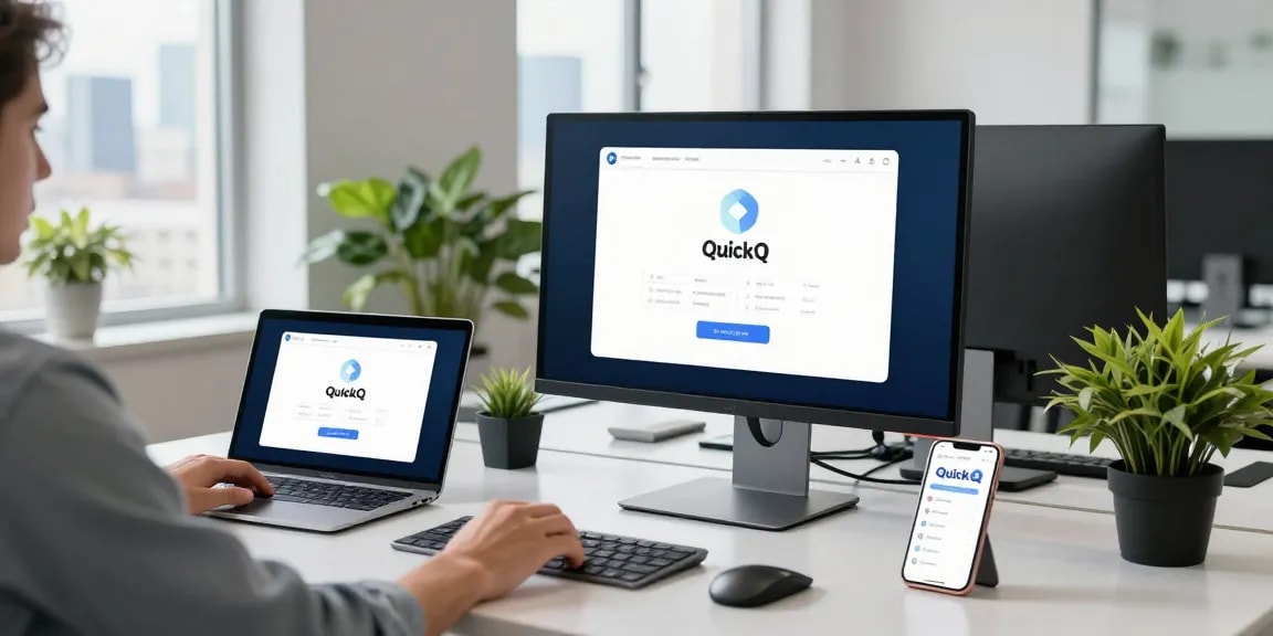使用quickq电脑版软件的用户在现代办公桌前,展示多设备间的无缝连接和安全在线体验。