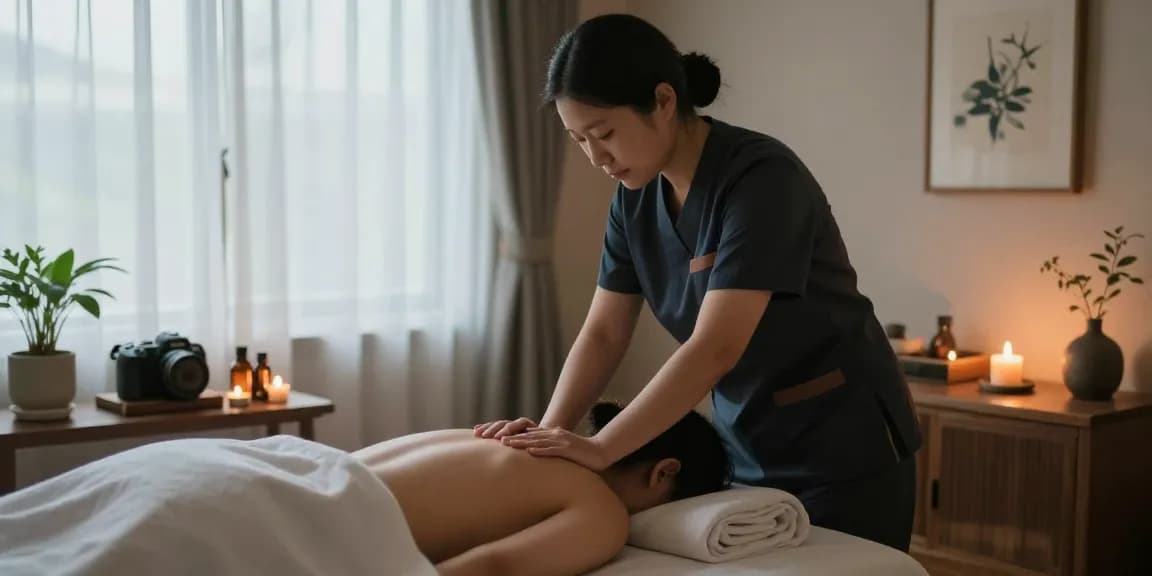 편안한 제주마사지 치료를 받는 사람의 모습과 아로마 오일과 촛불이 있는 스파 장면.