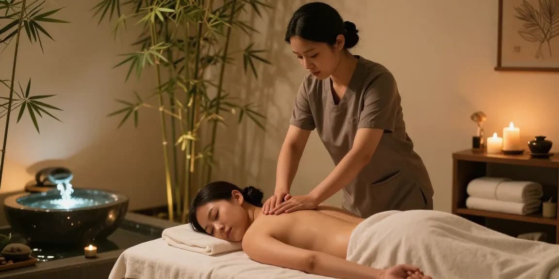 수원마사지와 아늑한 스파 환경에서 마사지를 받는 모습.