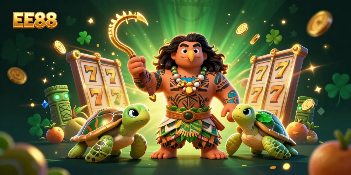 Join EE88 at the casino with a Maui-style demigod and a turtle in this vibrant slot game scene.