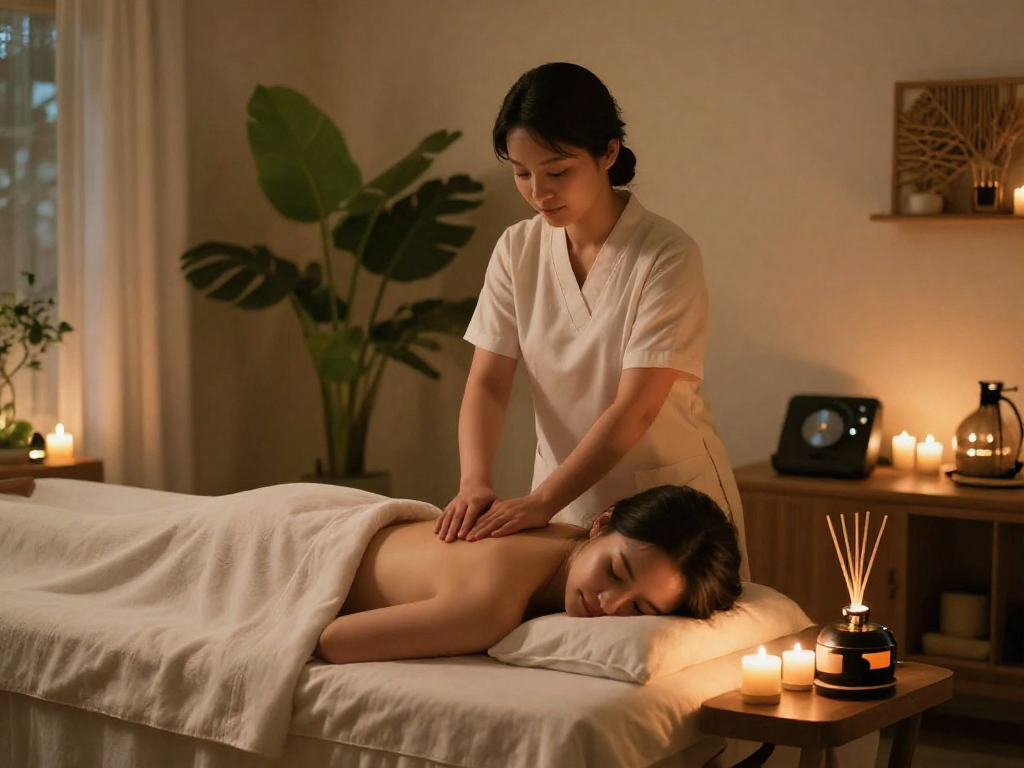 Relaxing 노원출장마사지 scene with skilled therapist in a tranquil home spa setting.