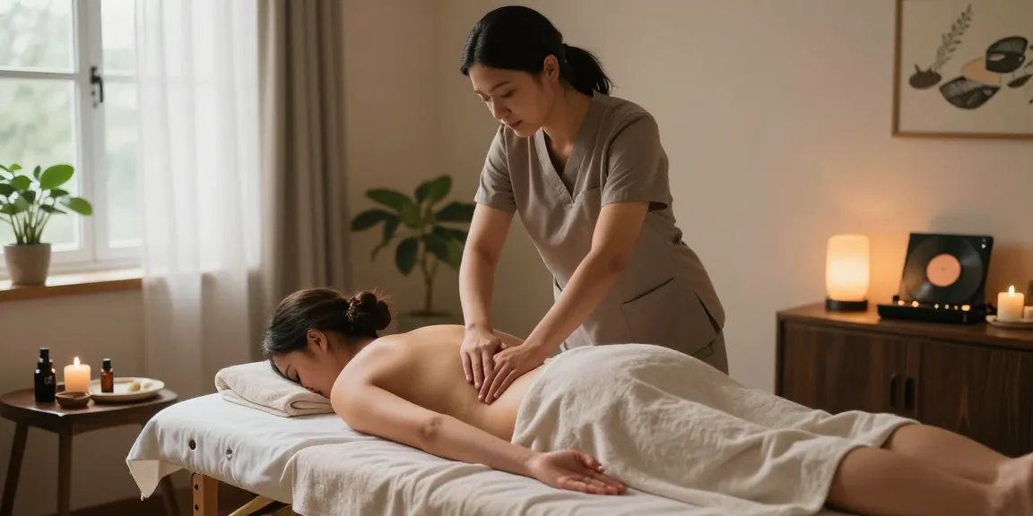 1인샵에서 편안한 스웨디시 마사지 받는 모습, 아늑한 치료실의 자연광과 편안한 분위기.