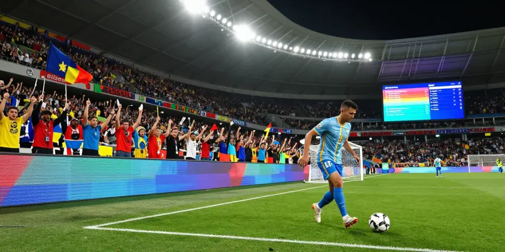 축구 중계 중 경기장 팬들이 응원하는 모습