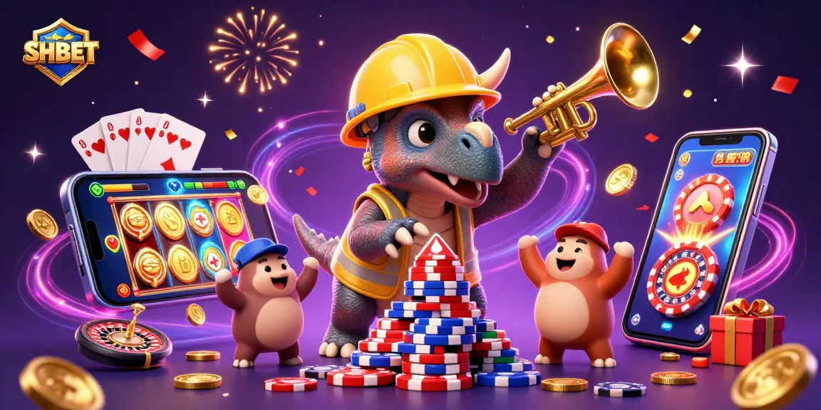 SHBET celebrates winnings with a vibrant 3D illustration featuring fun characters and classic gambling elements.