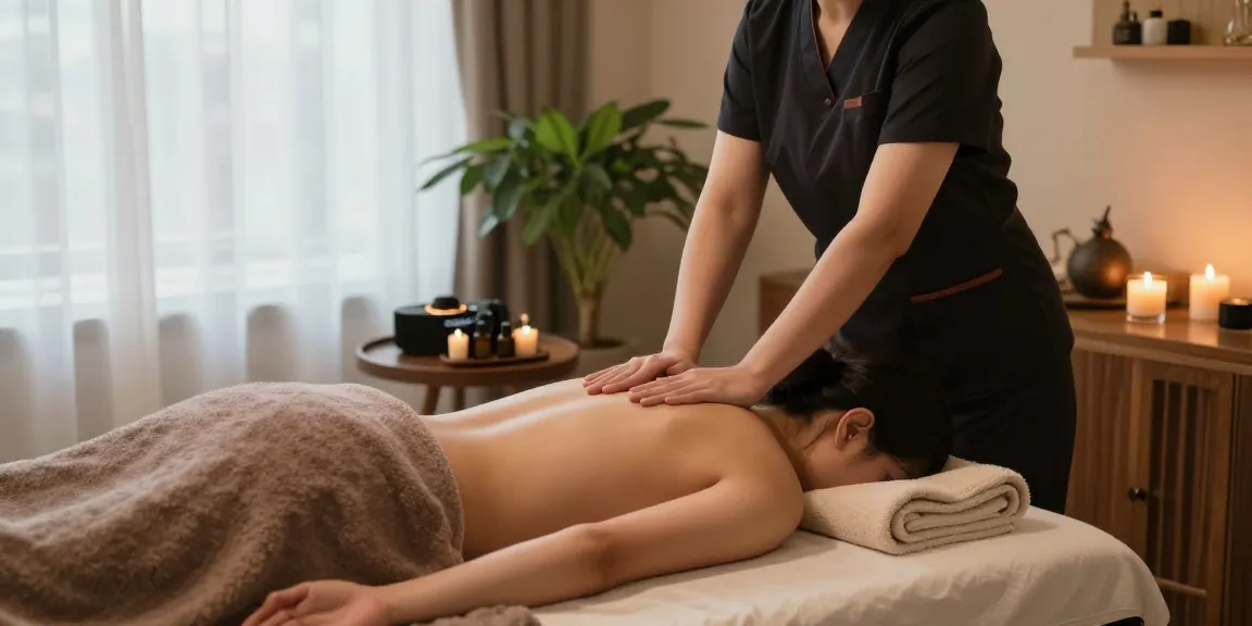 Calming scene of 출장마사지 being performed in a tranquil spa environment.