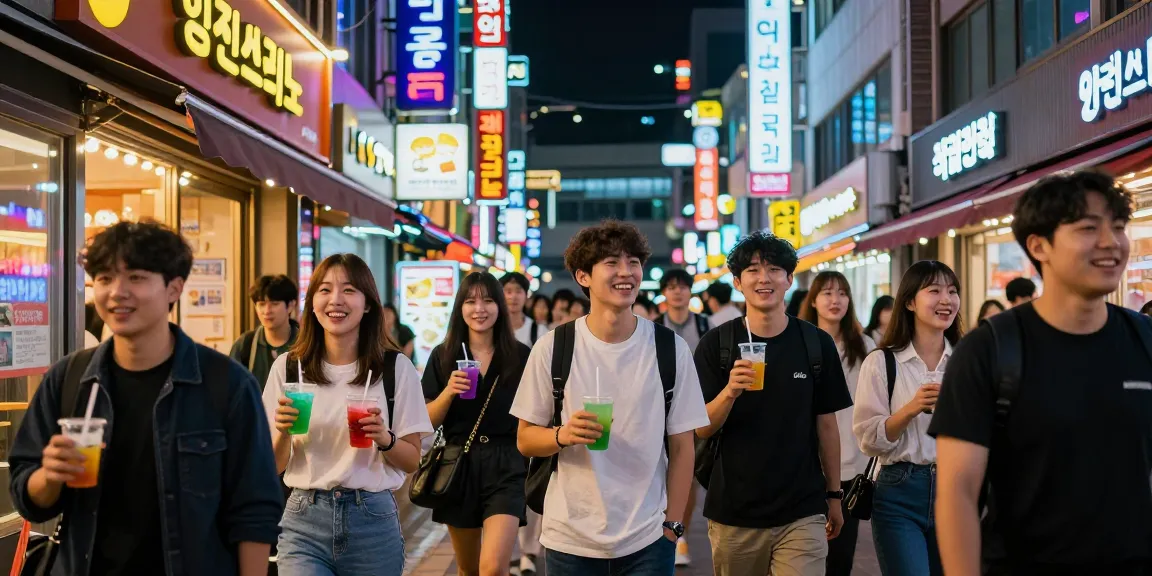 인천쓰리노에서 즐거운 시간을 보내는 사람들, 화려한 야경과 분위기를 나타냅니다.