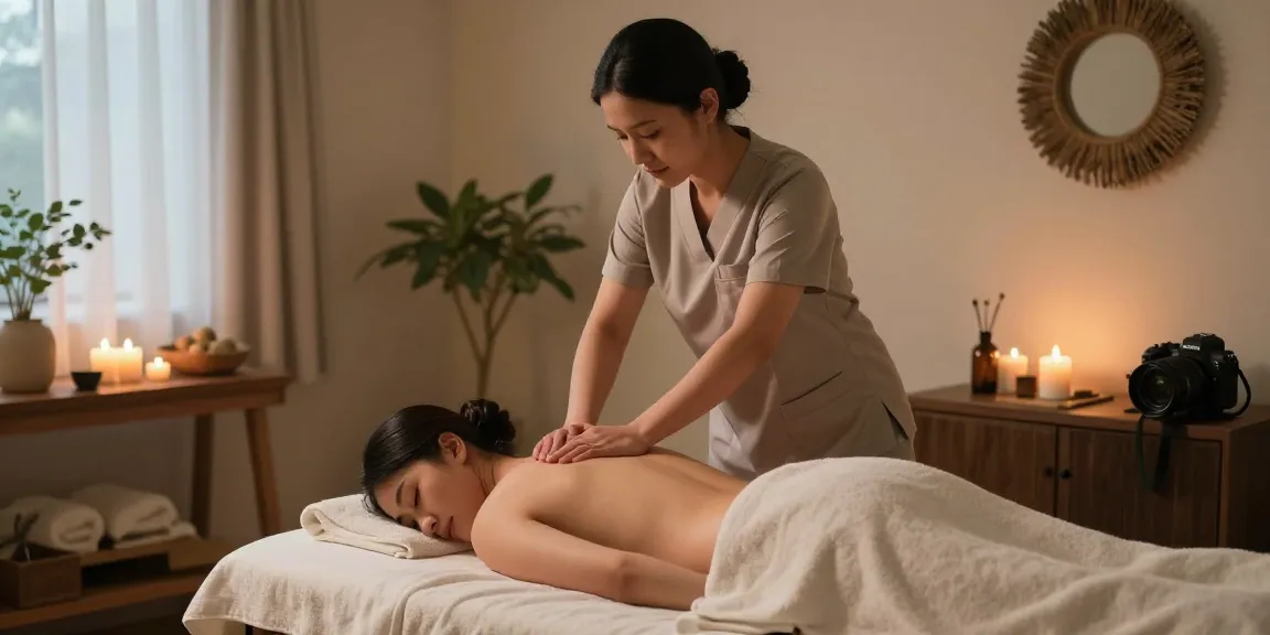 마사지 중인 마사지 치료사와 편안한 스파 환경에서 휴식을 취하고 있는 고객의 모습