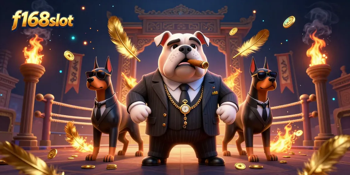 Win big at f168slot with dynamic gameplay, featuring a mafia bulldog and bodyguards amidst gaming elements.