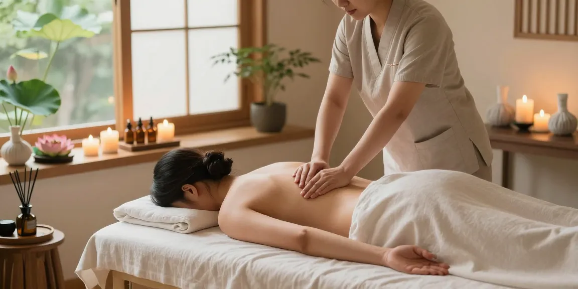 동탄출장안마에서 편안한 마사지 치료 장면, 아로마 캔들과 식물들이 있는 평화로운 스튜디오.