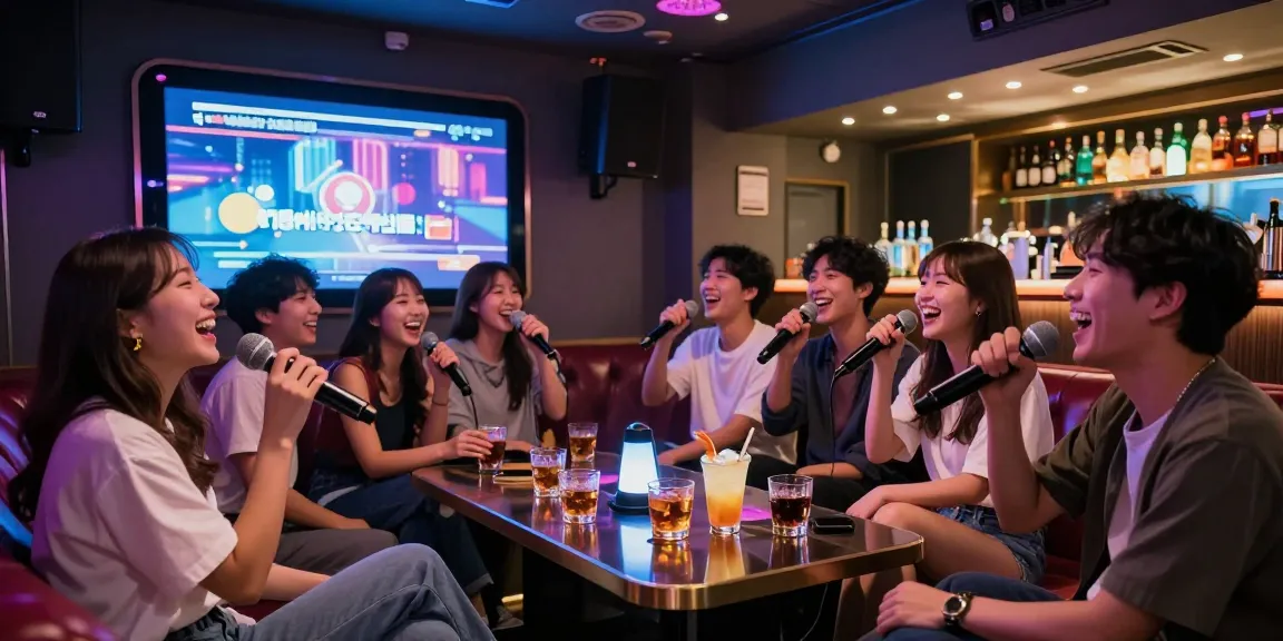 제주유흥에서 친구들과 함께 즐거운 시간을 보내는 모습, 카라오케 바의 화려한 분위기와 다양한 음료가 함께합니다.