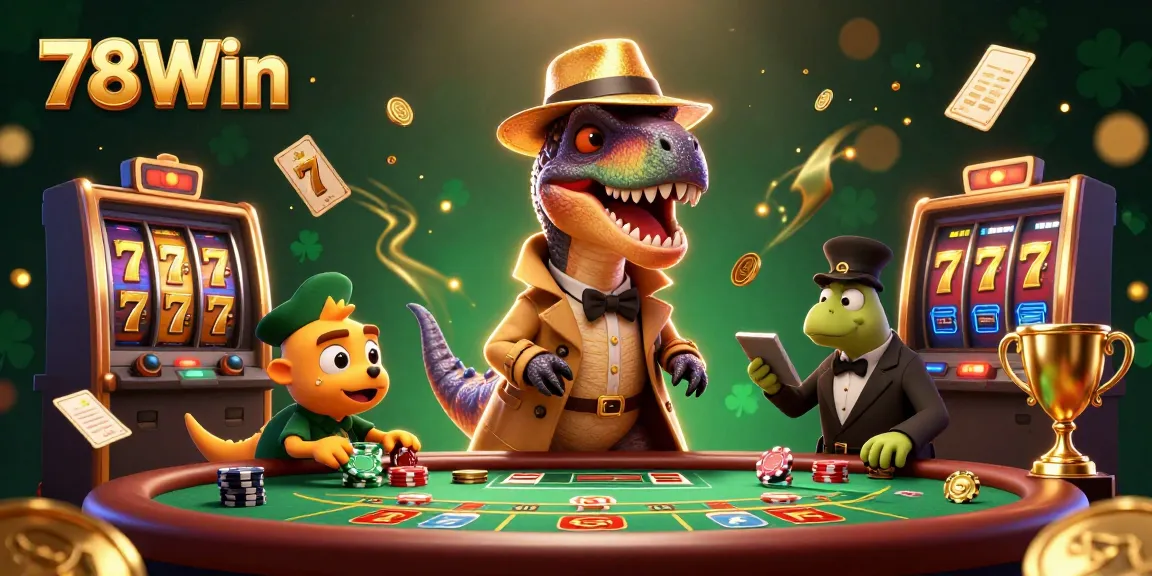 78Win showcases a velociraptor card counter at blackjack, underlined by dynamic casino elements.