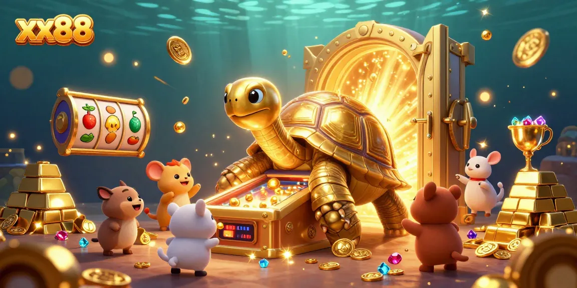 Experience exhilarating jackpot fun at xx88 with a 3D cartoon golden tortoise slot game scene.