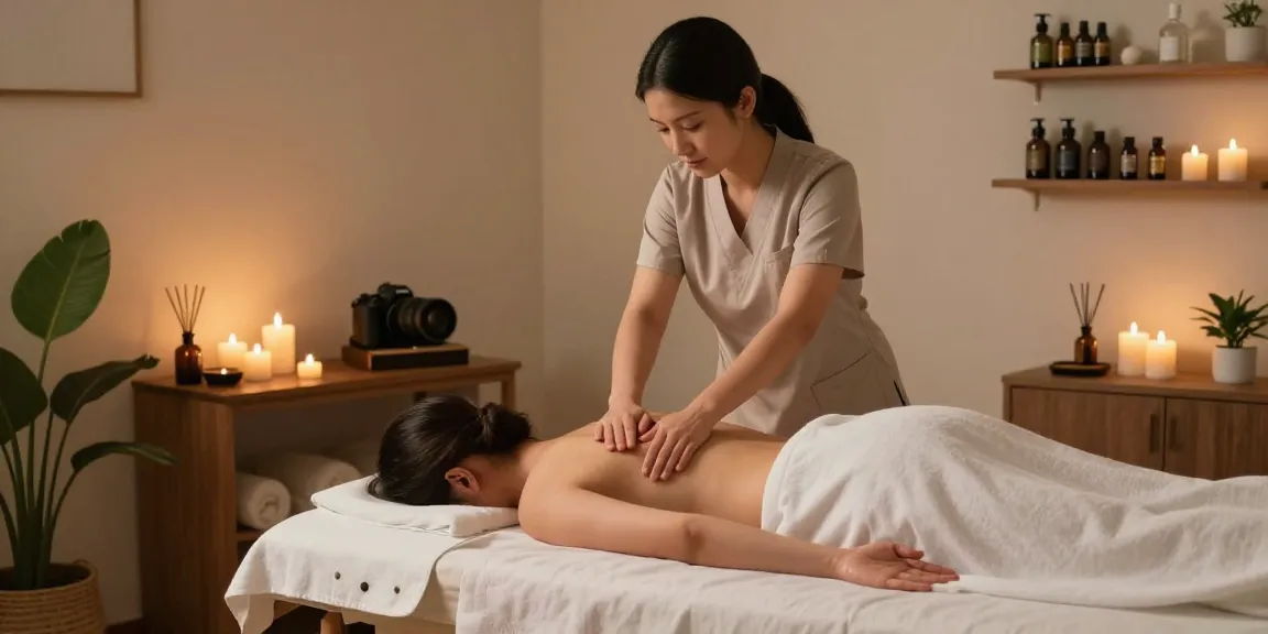 마사지 치료 중인 모습과 아로마 오일이 있는 편안한 스파 환경