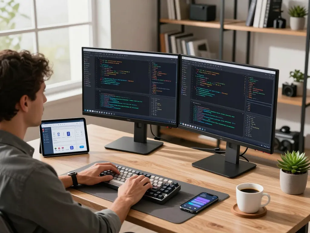 Focused developer using clawdbot ai in a modern workspace surrounded by technology.