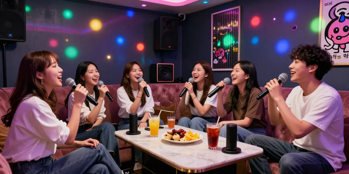강남가라오케에서 친구들과 함께 노래를 부르며 즐거운 시간을 보내는 모습
