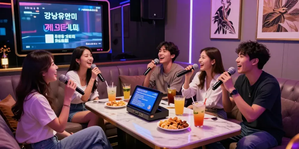 강남유앤미에서 친구들과 즐거운 시간을 보내는 모습, 세련된 인테리어와 조명이 돋보입니다.