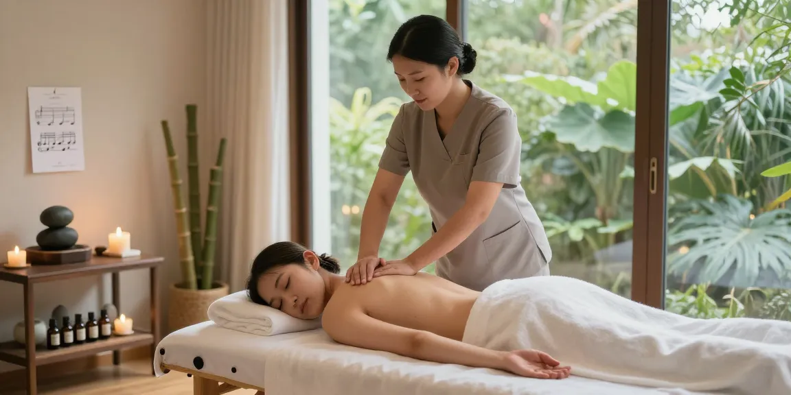 Calm setting for 하남출장마사지 therapy, featuring a serene massage room with candles and essential oils.