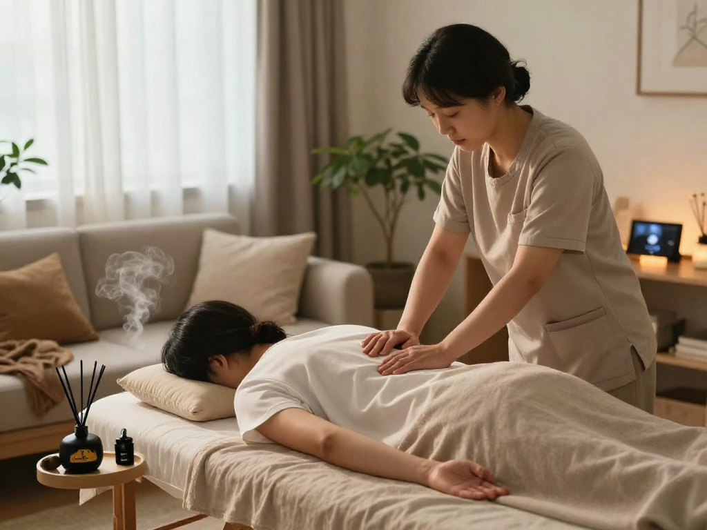 Home setting for 성북구출장마사지, therapist preparing for a relaxing session.