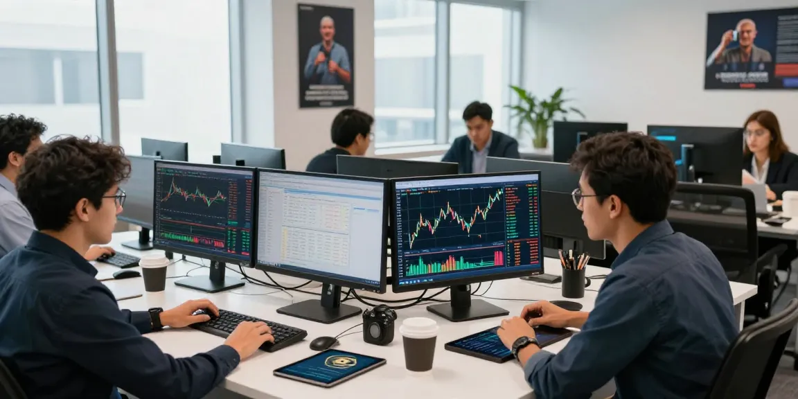 업투익스체인지 team collaborating in a bright cryptocurrency trading office, analyzing crypto data and discussing strategies.