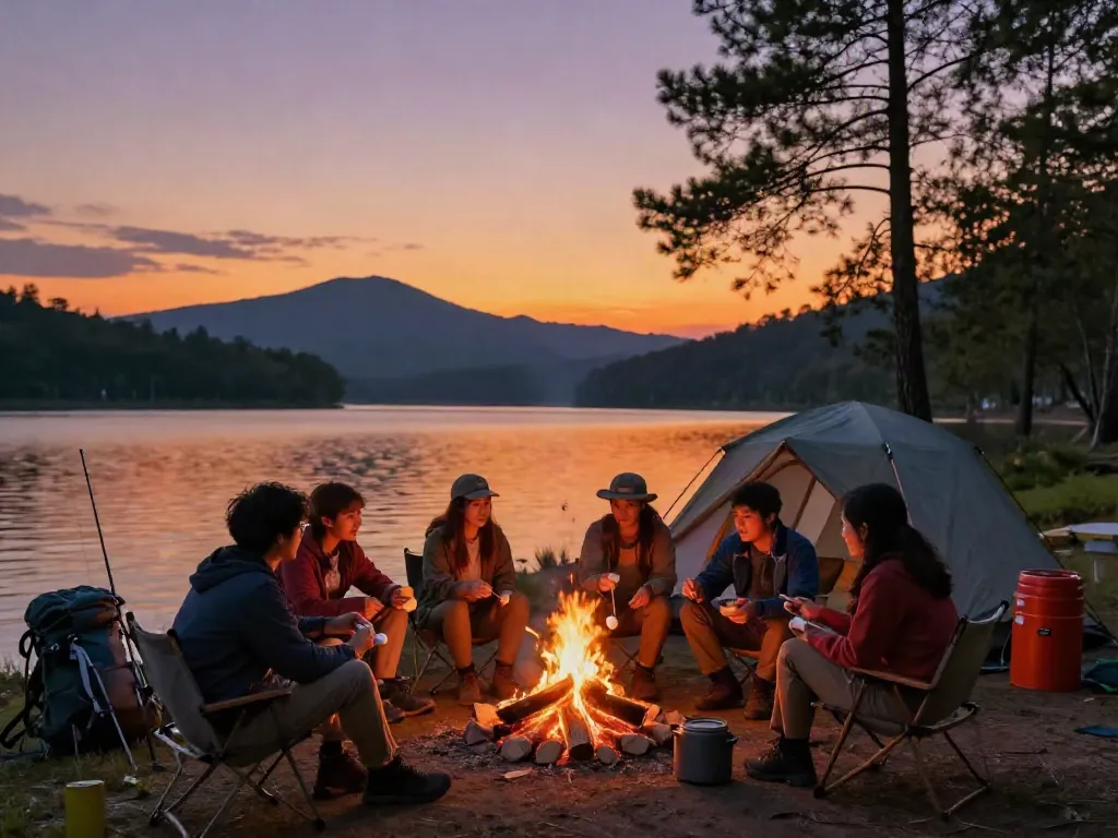 Campers enjoying a sunset by the lake with rokok88 camping gear, campfire, and tents.