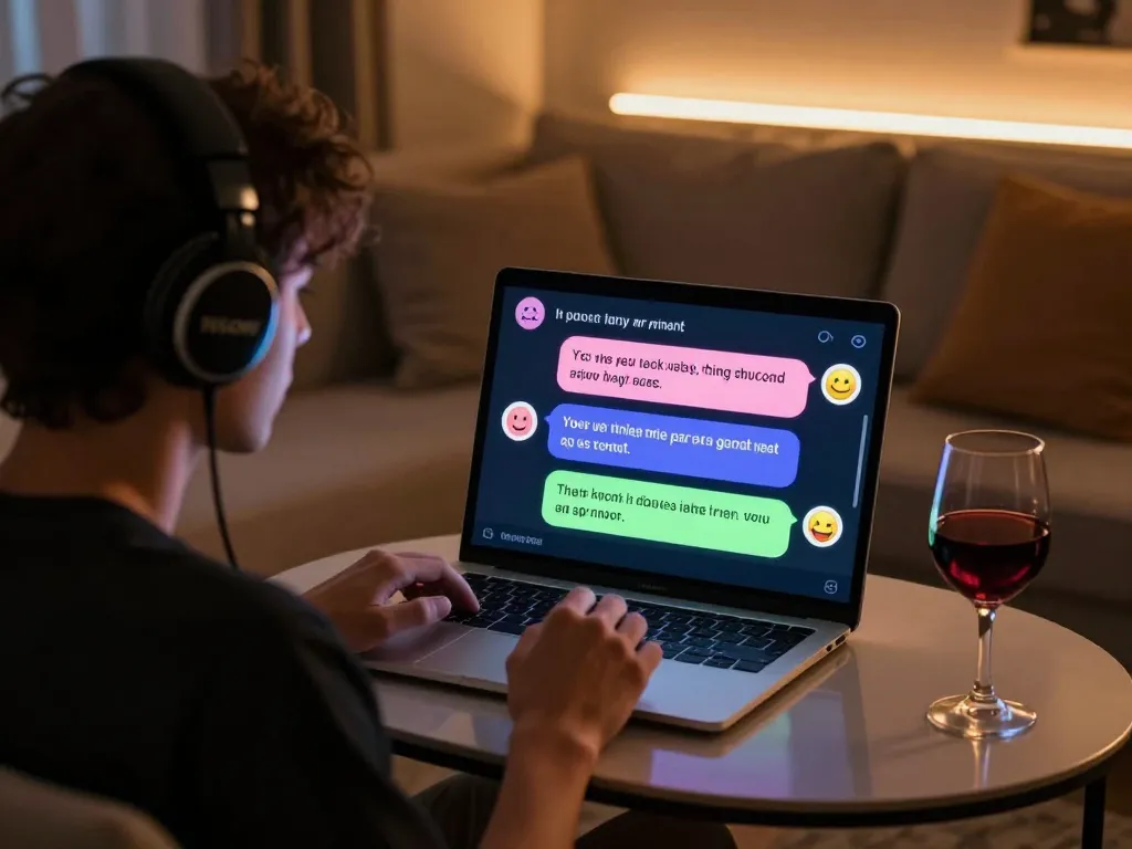 Engaged user enjoying an interactive nsfw chat bot session in a cozy room.