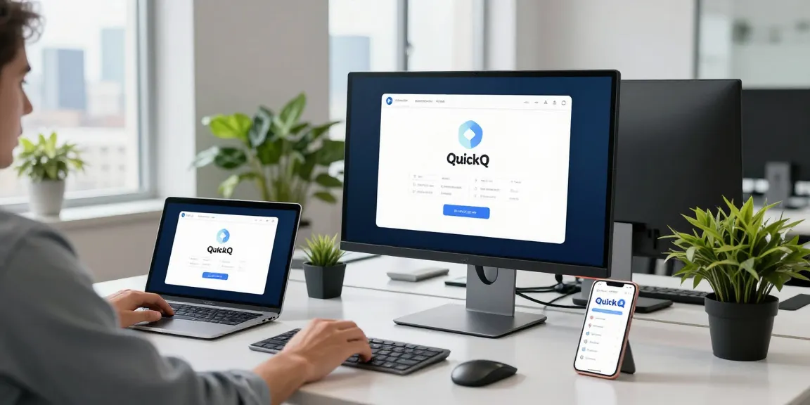 使用quickq电脑版软件的用户在现代办公桌前，展示多设备间的无缝连接和安全在线体验。