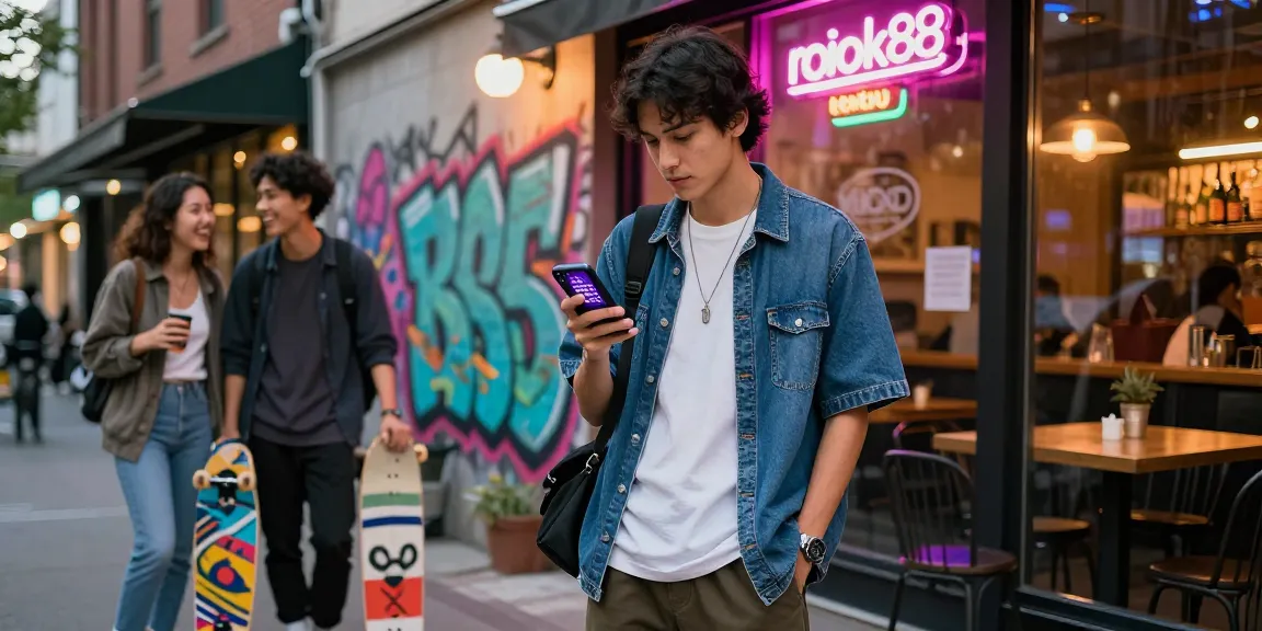 Engaging urban lifestyle portrait using the rokok88 super app in vibrant city setting.