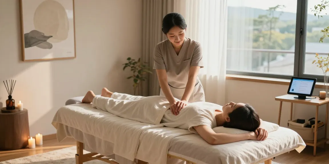 서울출장안마 세션을 받고 있는 고객과 편안한 마사지 환경, 편안함이 느껴지는 공간