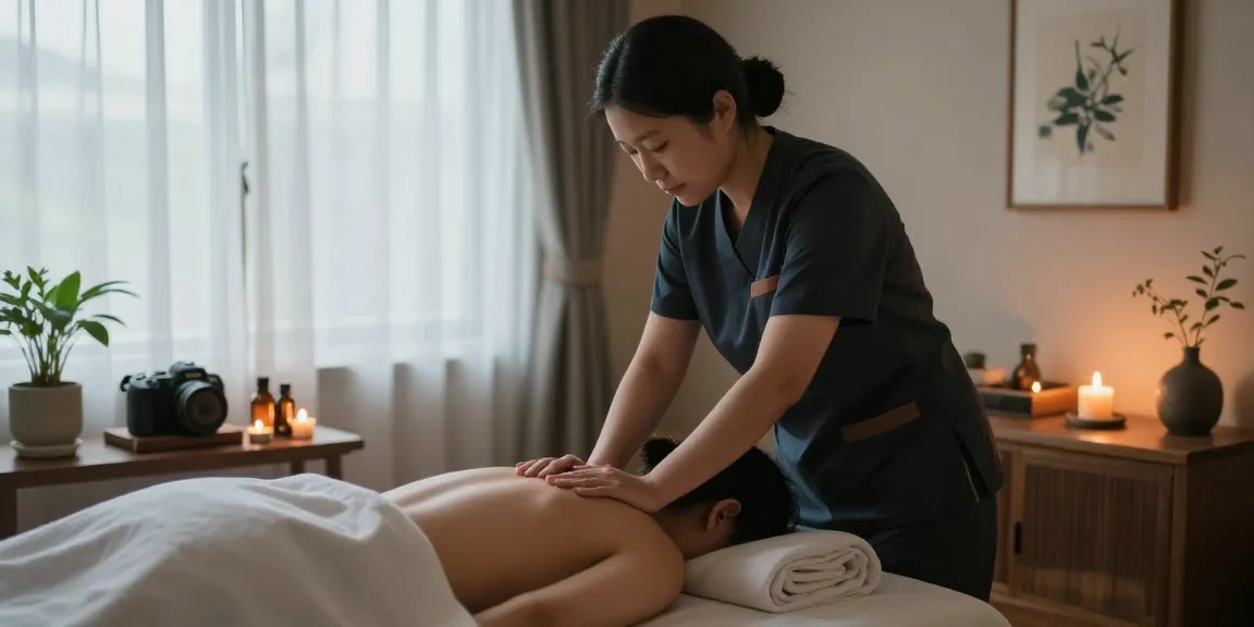 편안한 제주마사지 치료를 받는 사람의 모습과 아로마 오일과 촛불이 있는 스파 장면.