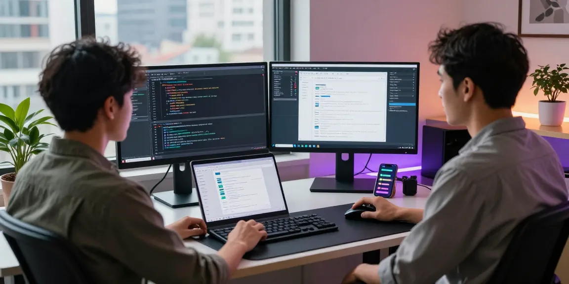 WPS Download in a modern software development workspace with coding interfaces, laptops, and vibrant city view.