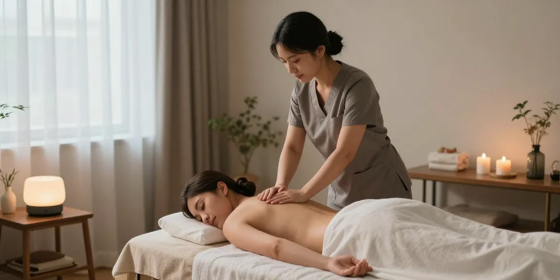 성남출장안마의 편안한 마사지 중인 모습과 아늑한 실내 환경