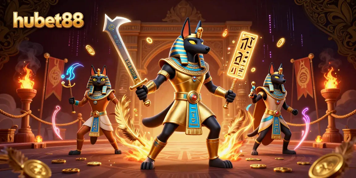 Exciting gaming experience at hubet88 with Anubis warrior and gold treasures in a vibrant casino setting.